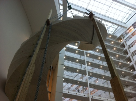 Assembly of the solid Kerto stair case in the Hague town council Hall